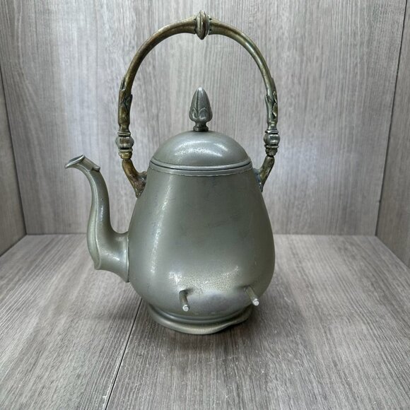 Vintage Decorative Metal Teapot with Ornate Brass Handle Hinged Lid Silver Tone - Picture 2 of 11